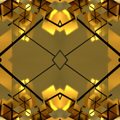 Seamless mirrored golden texture of futuristic city with cubes close-up. Golden background with square elements. 3D image.
