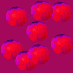 Confetti, bubbles - cover background seamless pattern. Red-fucsia watercolor dots circles isolated on pink background 90's style. Design for backgrounds, wallpapers, covers and packaging, wrapping