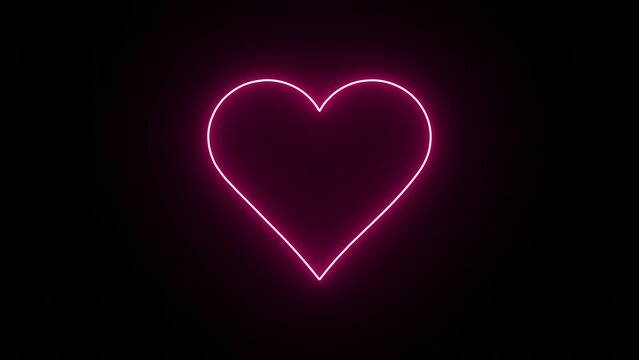 4K Animated Neon Line Light Beating Heart Icon with Pink Neon Light Effect Isolated on Black Background. Valentines day design element. Glowing neon heart.