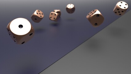 Rolling deep bronze-black dices on gray and deep blue planes background. Concept image of statistical probability, gambling activities and decisive battle. 3D CG. 3D illustration.