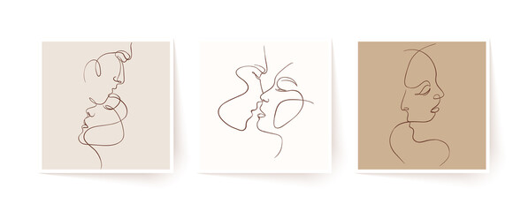Set of one line faces, couple man and woman. Valentine's day minimalistic vector illustration.