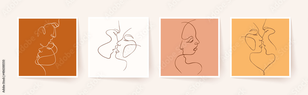 Wall mural Set of one line faces, couple man and woman. Valentine's day minimalistic vector illustration.