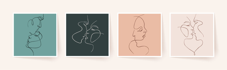 Set of one line faces, couple man and woman. Valentine's day minimalistic vector illustration.