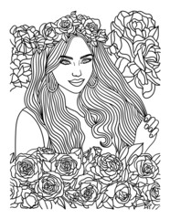 Asian Flower Girl Coloring Page for Adults