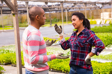 Confident latina woman farm owner giving instructions to man worker at greenhouse