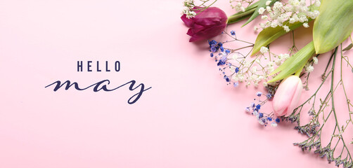 Beautiful flowers with text HELLO MAY on pink background