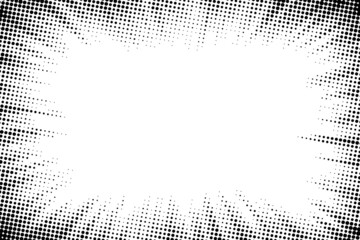 Edge frame. Halftone cartoon border. Pop art dot. Attention pattern. Faded attention texture. Black line isolated on white background. Concentration lines design. Grunge dots zoom. Vector illustration