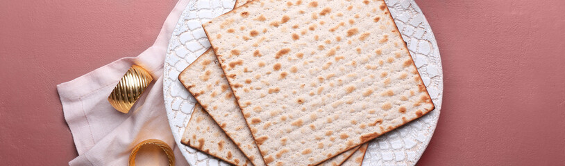 Plate with Jewish flatbread matza for Passover Seder on color background