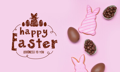 Tasty chocolate eggs and cookies on pink background. Happy Easter celebration