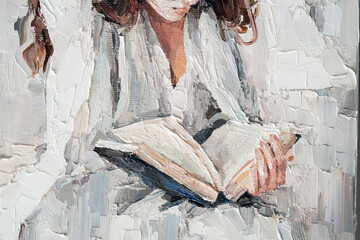 A young girl reads an interesting book on a light white background. Oil painting on canvas.