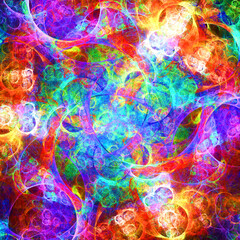 Fototapeta na wymiar Imagen de arte digital fractal compuesto de trazos elípticos y formas indefinidas en colores llamativos formando un conjunto de burbujas gaseosas fluorescentes entrelazadas.