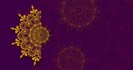 Gold purple mandala background. Folk luxury animation. For yoga, design. Golden purple abstract flowers loop
