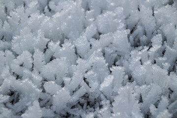 Macro shot of winter frost, capturing intricate ice crystal formations. A detailed close-up of...
