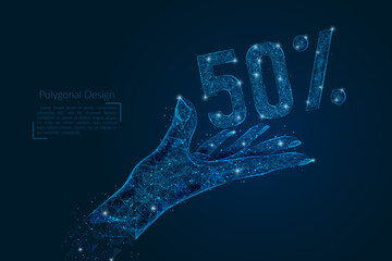 Abstract isolated image of human hand with 50 percent offer. Polygonal low poly style illustration looks like stars in the blask night sky in spase or flying glass shards. © Katsiaryna