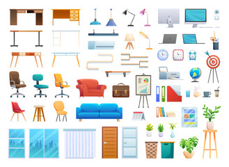 Set of office furniture and equipment cartoon illustration isolated on white background