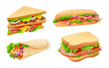 Set of delicious sandwiches in cartoon style