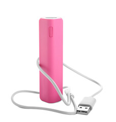 Pink power bank with USB cable on white background