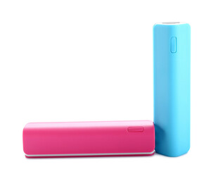 Modern power banks on white background