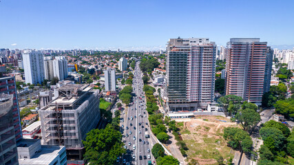 Obraz premium Aerial view of the city of São Paulo, Brazil. In the neighborhood of Vila Clementino, Jabaquara. Aerial drone photo. Avenida 23 de Maio in the background. Many residential buildings under construction