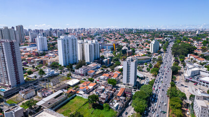 Obraz premium Aerial view of the city of São Paulo, Brazil. In the neighborhood of Vila Clementino, Jabaquara, south side. Aerial drone photo. Avenida 23 de Maio in the background
