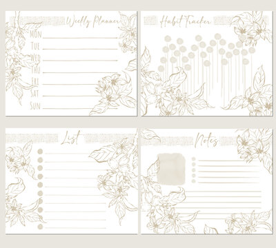 set of bullet journal sheet template design with hand drawn coffee flowers and leaves illustration, for weekly planner, tracker, list, notes