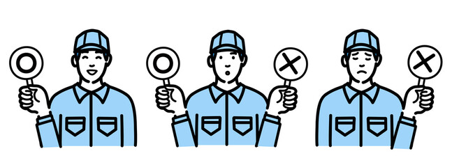 Naklejka premium マルバツの札を持っている作業服の若い男性のセット 