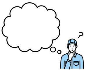 吹き出しで考えている作業服の若い男性
