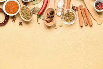 Obraz na płótnie Canvas Composition with different aromatic spices on color background