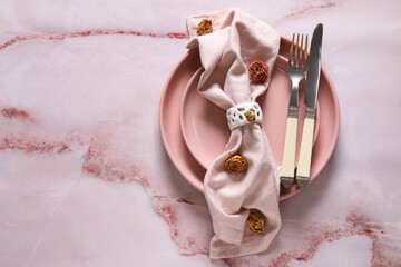 Stylish table setting with beautiful dried roses on light background