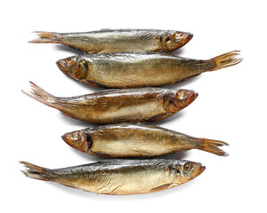 Smoked herring fishes on white background
