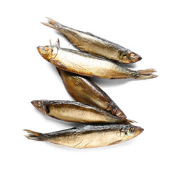 Smoked herring fishes on white background