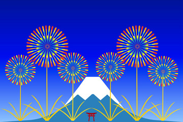 富士山を背景に上がる花火のイラスト。