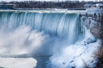 Close up of Niagara Horseshoe Falls in Winter, Canada winter wonderland, 