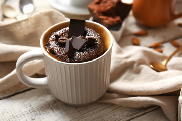 Cup with tasty chocolate brownie on table