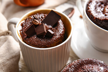 Cups with tasty chocolate brownie on table, closeup