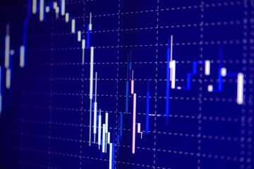 Display of quotes pricing graph visualization under blue background. Financial statistic analysis on dark background with growing financial charts. Stock analyzing. Price chart bars.