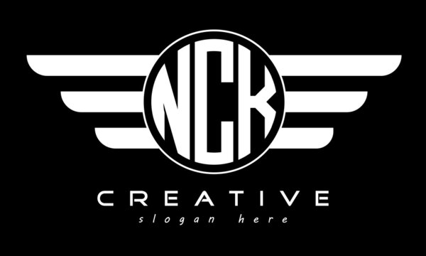 NCK three letter monogram type circle letter logo with wings vector template.