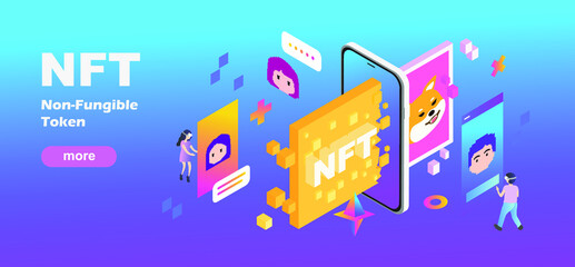 NFT token in crypto artwork. Banner Non-fungible token with aspects of intellectual property. ERC20. 3D hologram with Cryptocurrency and art