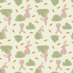 Brown rabbits on a green field with bushes and carrots. Summer seamless background pattern. Vector illustration in hand drawn, flat style. Simple, cute texture for baby clothes.
