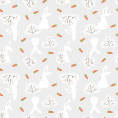 White hares on field with carrots and bushes. Simple winter seamless background. Vector illustration. Hand drawn and flat style.