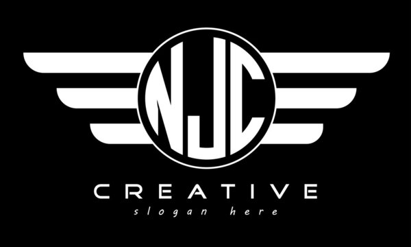 NJC three letter monogram type circle letter logo with wings vector template.