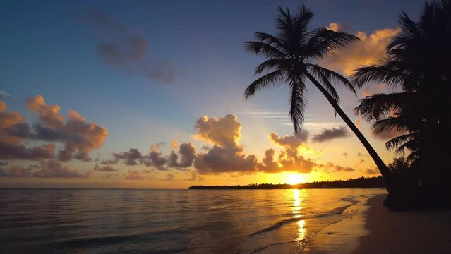 Sunrise or sunset view of Palm tree and beautiful tropical beach seamless loop footage. Never ending video
