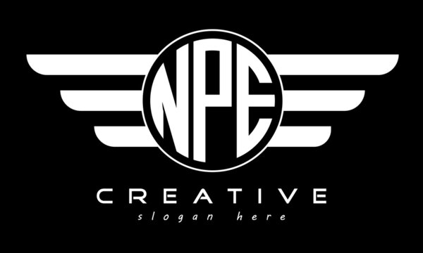 NPE three letter monogram type circle letter logo with wings vector template.