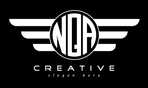 NQA three letter monogram type circle letter logo with wings vector template.