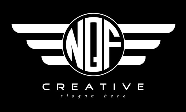 NQF three letter monogram type circle letter logo with wings vector template.