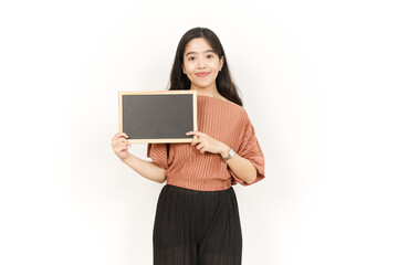 Fototapeta premium Showing, Presenting and holding Blank Blackboard Of Beautiful Asian Woman Isolated On White Background