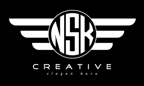 NSK three letter monogram type circle letter logo with wings vector template.