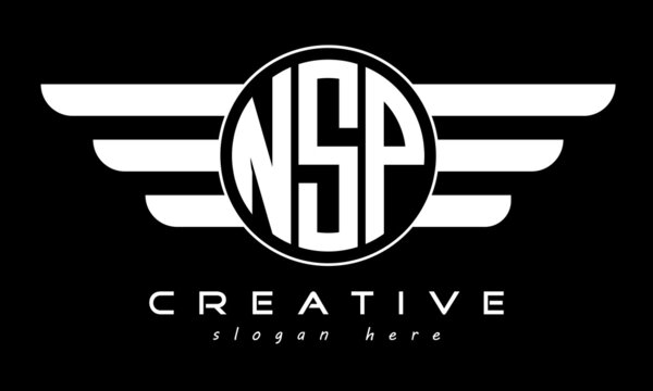 NSP three letter monogram type circle letter logo with wings vector template.