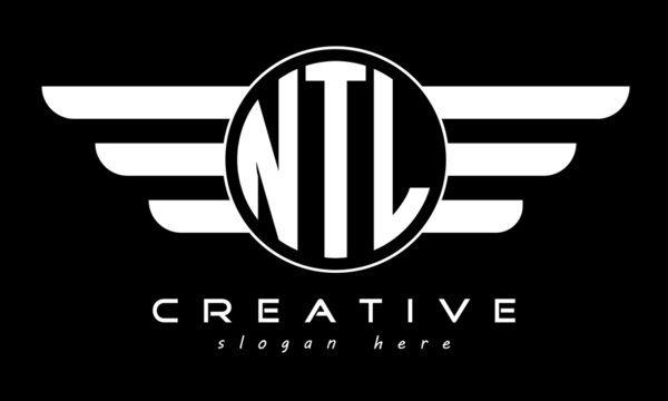NTL three letter monogram type circle letter logo with wings vector template.
