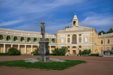 Summer Palace of Emperor Paul I in Pavlovsk on a sunny autumn morning, St. Petersburg Russia. The inscription on the monument: "To Emperor Paul I. The founder of Pavlovsk. 1872"